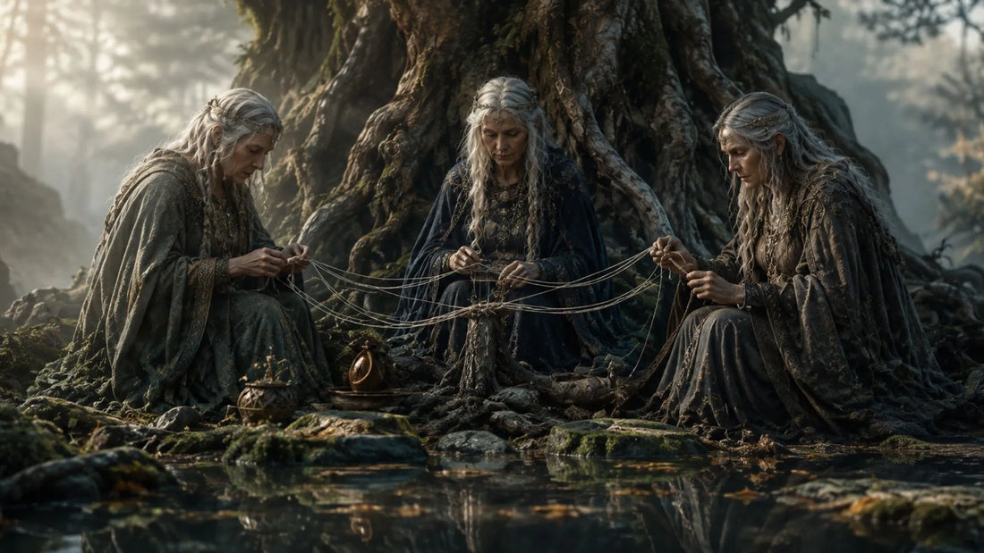 Three elderly Norns weave threads of fate beneath the roots of a towering tree in a misty forest, inspired by Norse mythology and the concept of wyrd.
