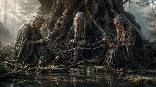 Three elderly Norns weave threads of fate beneath the roots of a towering tree in a misty forest, inspired by Norse mythology and the concept of wyrd.