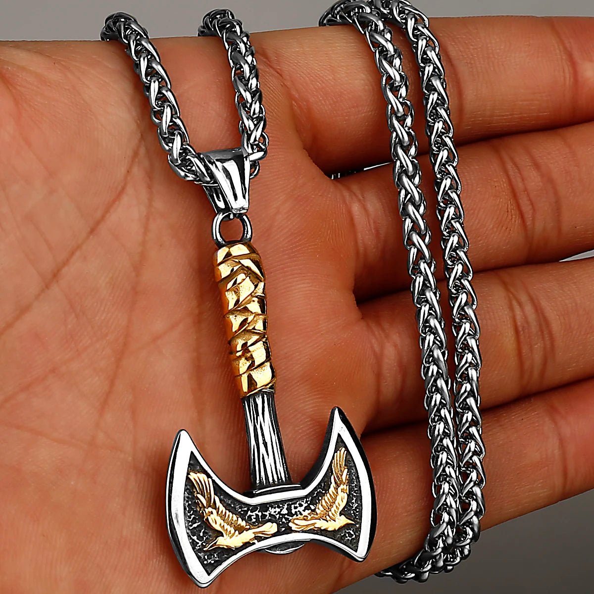 Odin’s Raven & Double Axe Pendant – Stainless Steel - Vikheim