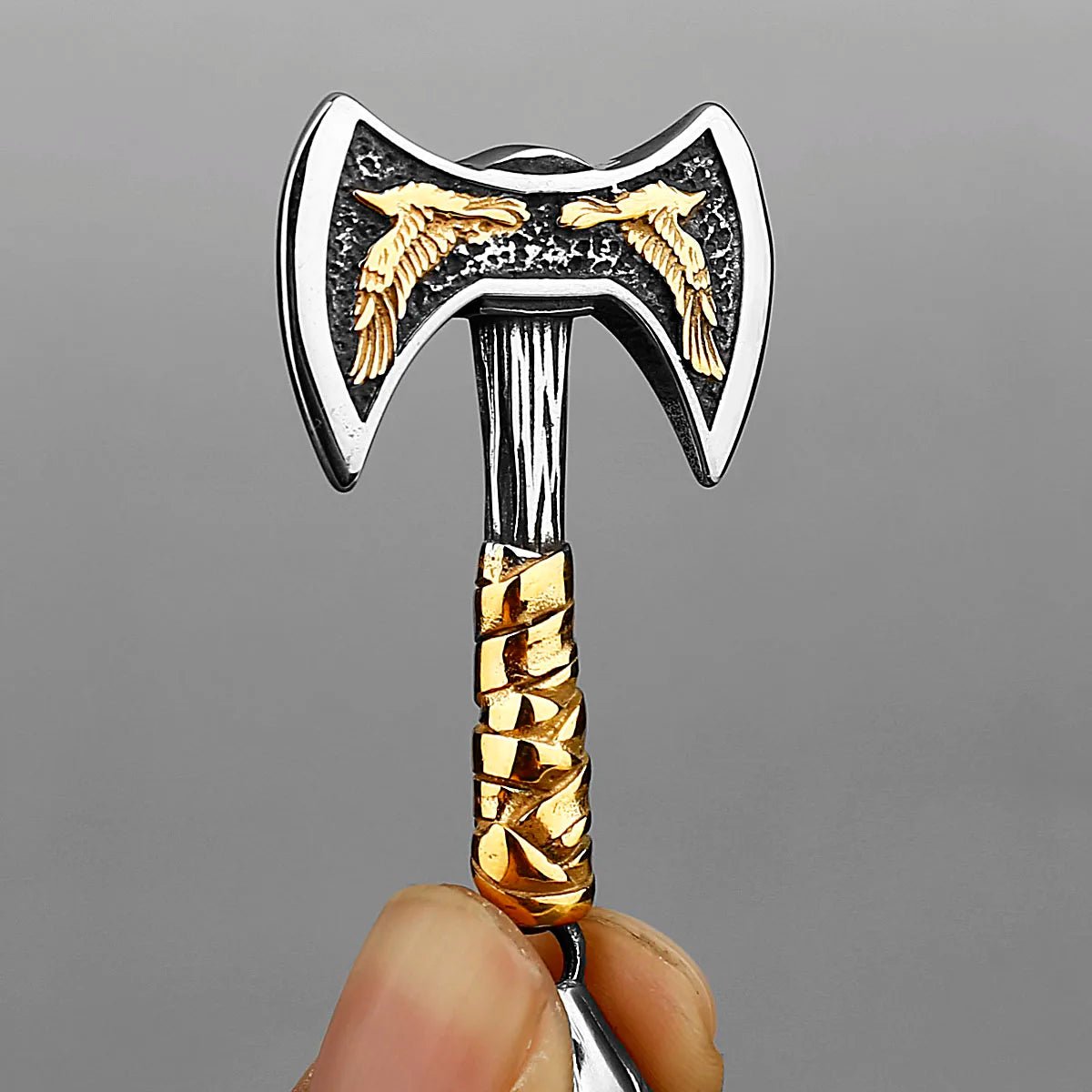 Odin’s Raven & Double Axe Pendant – Stainless Steel - Vikheim